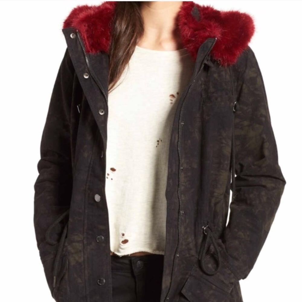 BlankNYC Camo Red Fur Lined Jacket